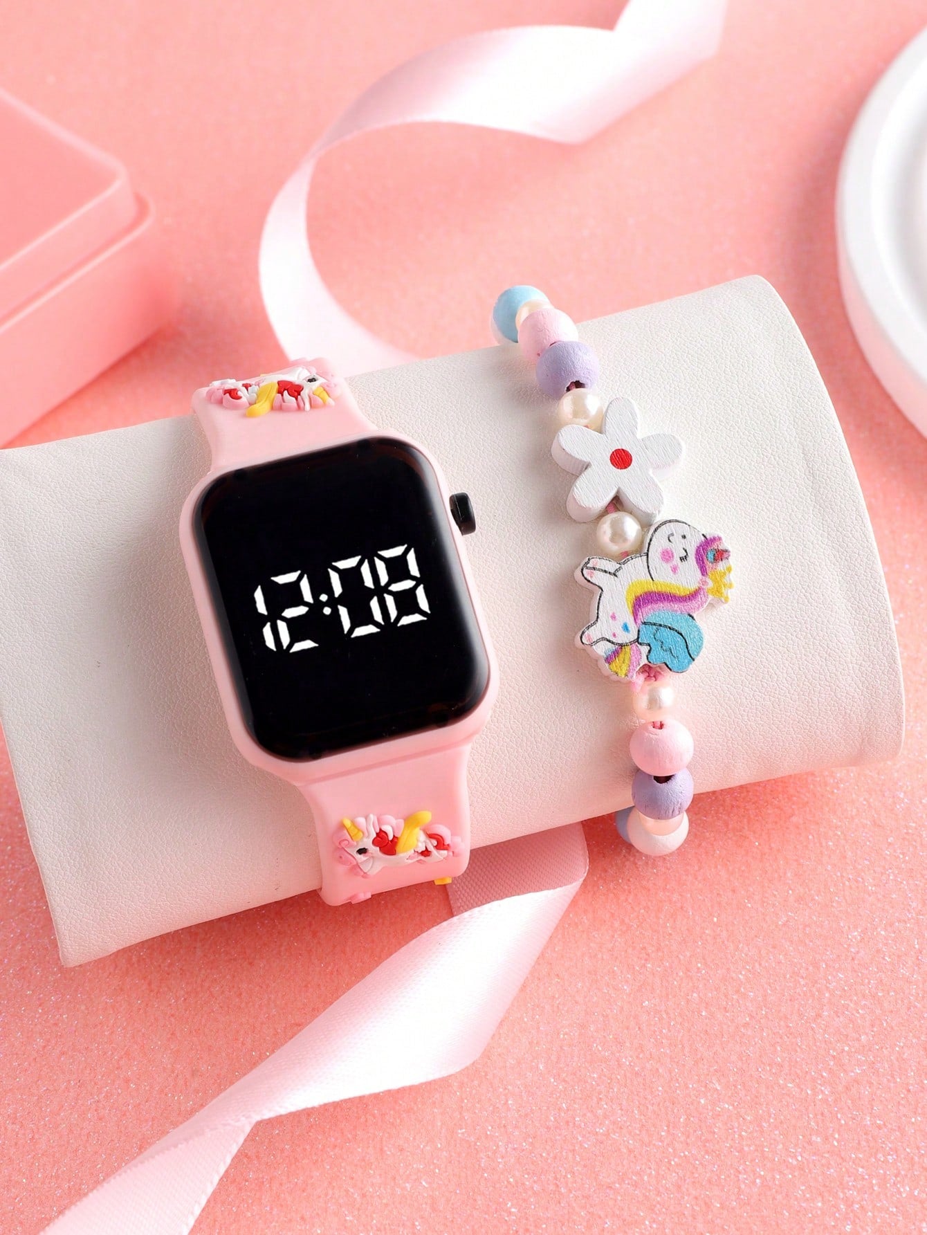 1pc Dry Cell Unicorn Led Square Bracelet Digital Electronic Watch & 1pc Beaded Unicorn Bracelet Suitable For Daily Wear For Girls