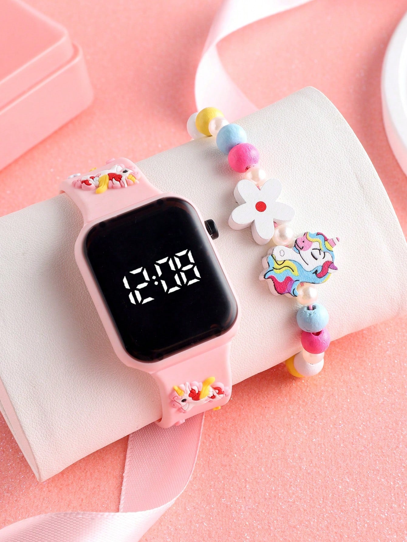 1pc Dry Cell Unicorn Led Square Bracelet Digital Electronic Watch & 1pc Beaded Unicorn Bracelet Suitable For Daily Wear For Girls