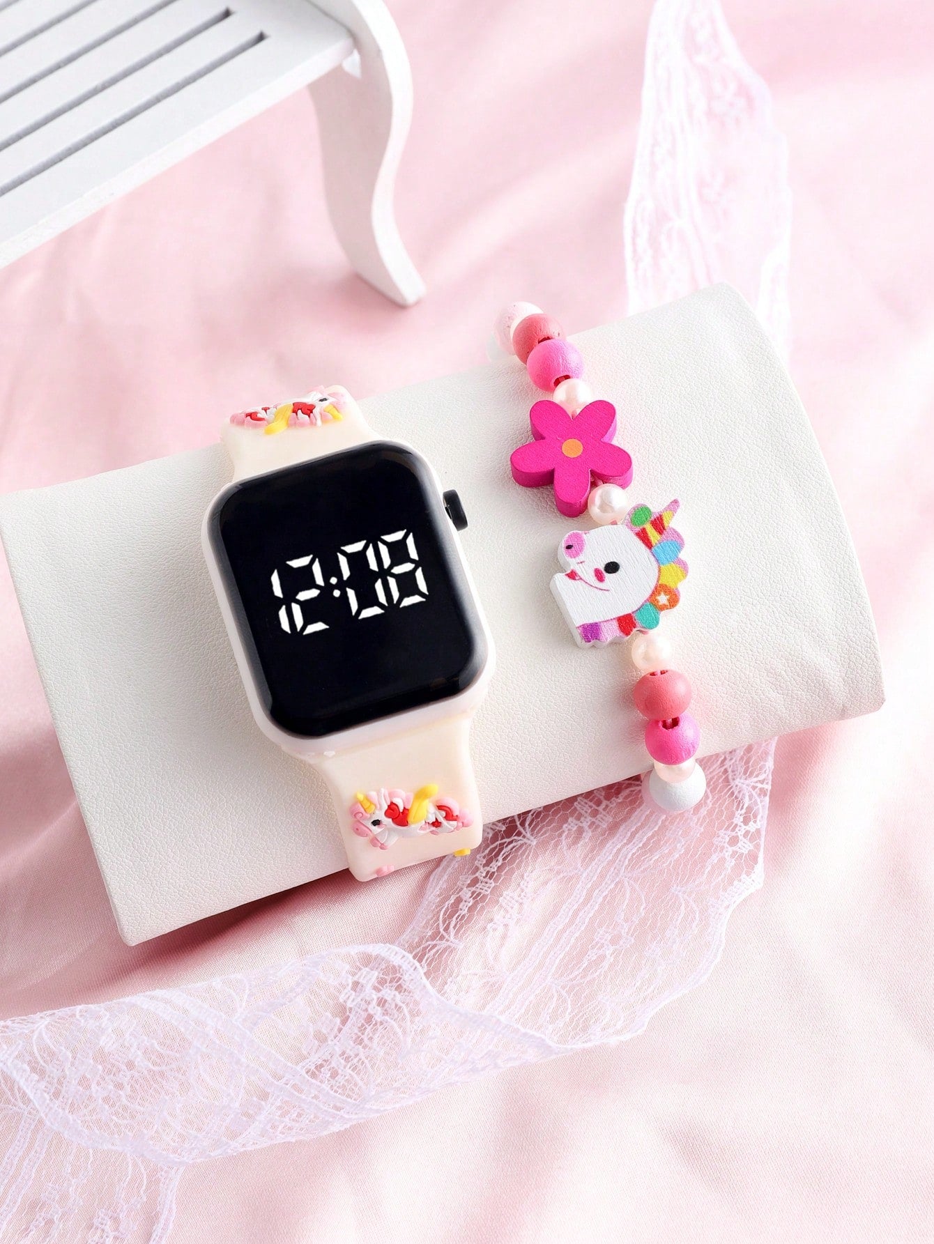 1pc Dry Cell Unicorn Led Square Bracelet Digital Electronic Watch & 1pc Beaded Unicorn Bracelet Suitable For Daily Wear For Girls