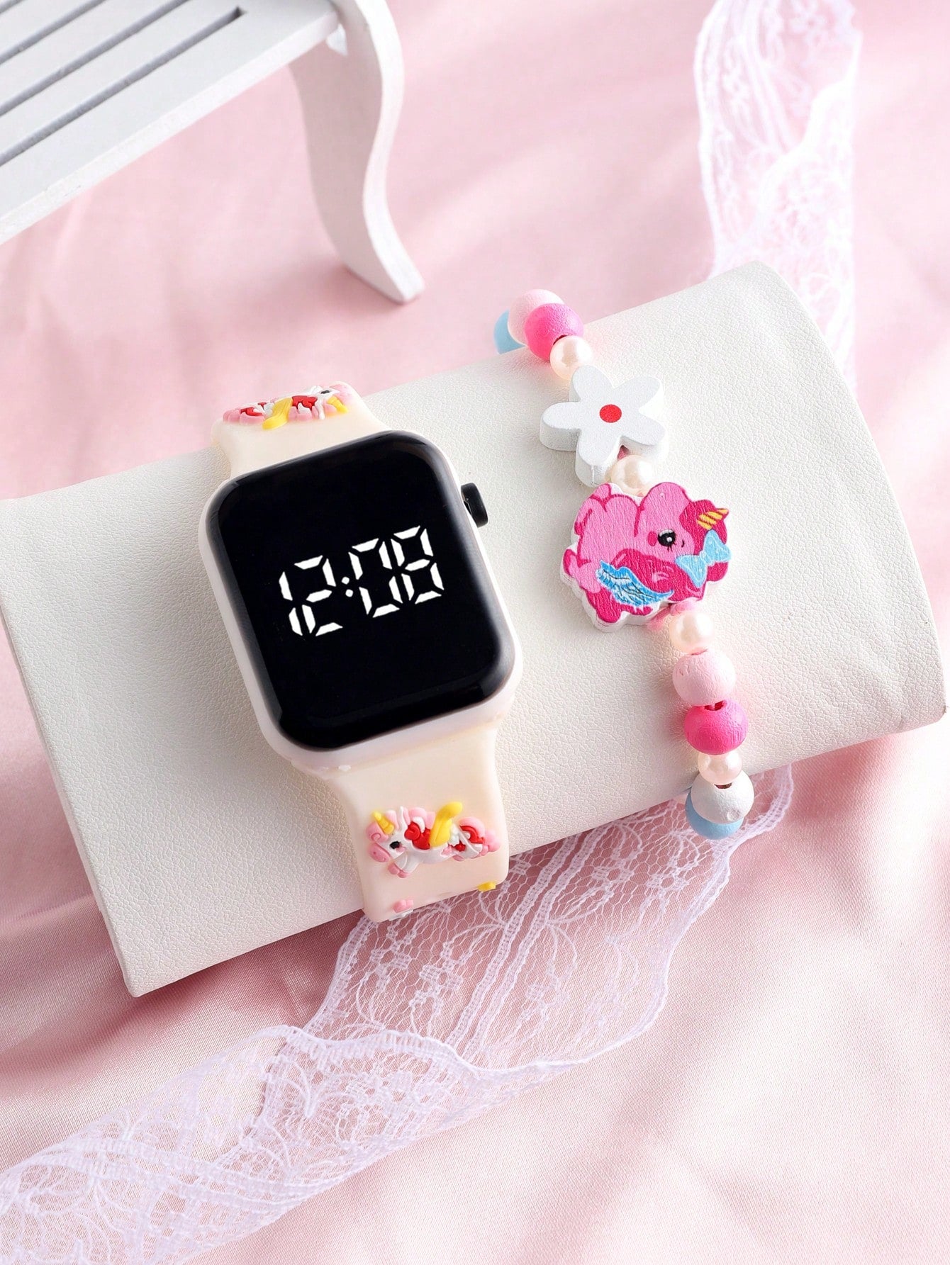 1pc Dry Cell Unicorn Led Square Bracelet Digital Electronic Watch & 1pc Beaded Unicorn Bracelet Suitable For Daily Wear For Girls