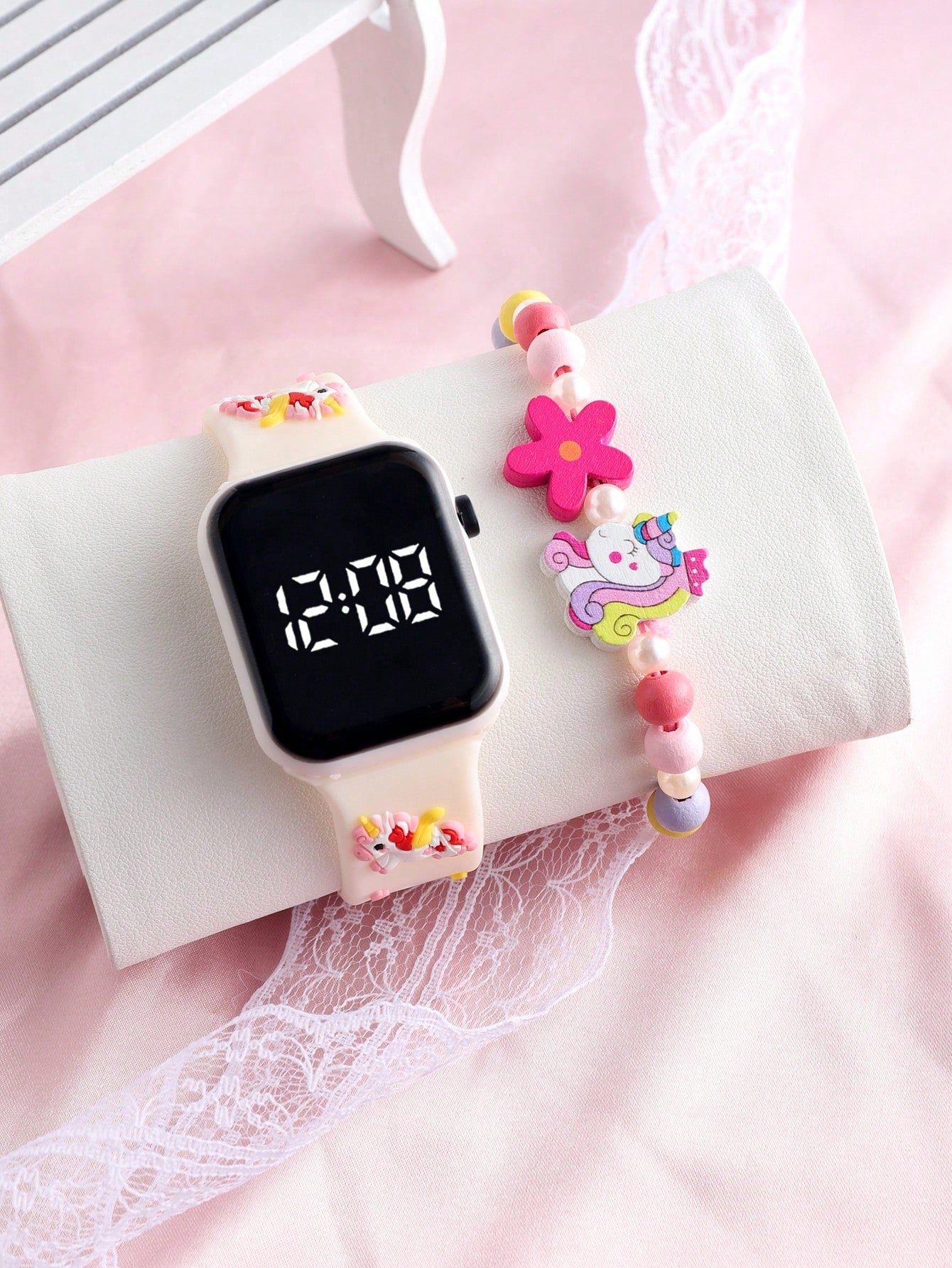 1pc Dry Cell Unicorn Led Square Bracelet Digital Electronic Watch & 1pc Beaded Unicorn Bracelet Suitable For Daily Wear For Girls