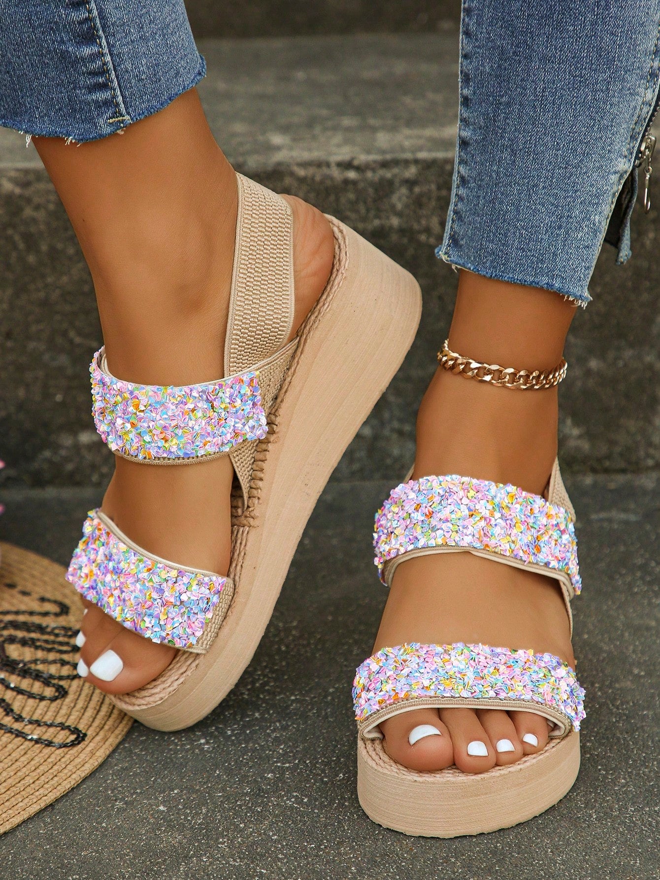 Summer Wedge Heel Platform Sandals For Women With Rhinestone & Waterproof Function