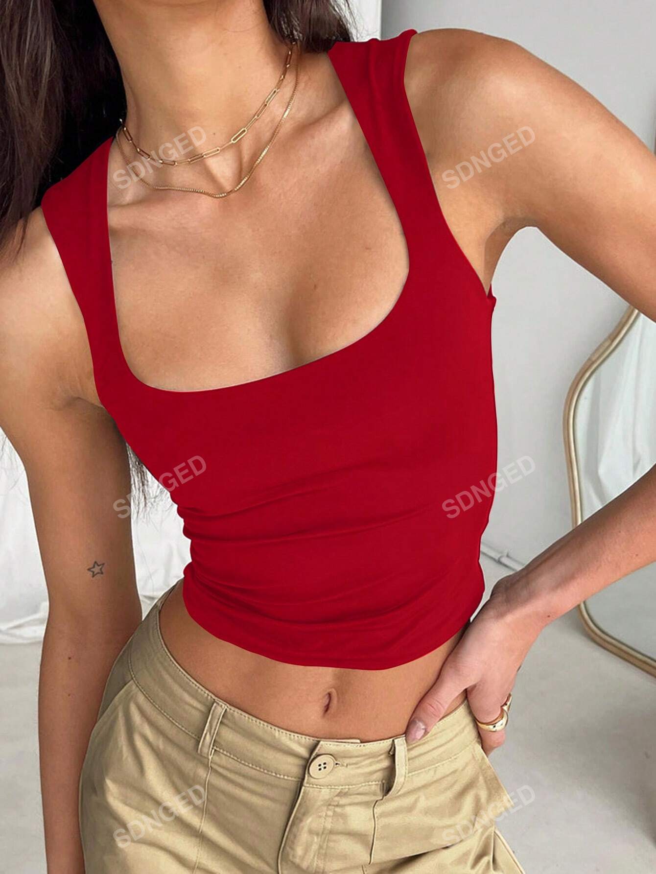 Women Summer Fashion Square Neck Solid Color All-Match Tank Top