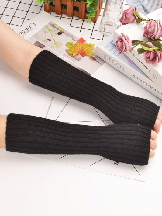 1pair Knitted Gloves & Striped Arm Warmers Set For Winter