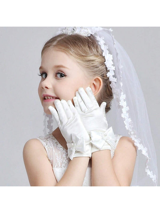 1pc Child Girl Flower Girl Short Gloves, Bow Knot Dress Gloves, Princess Dress White For Stage Performance