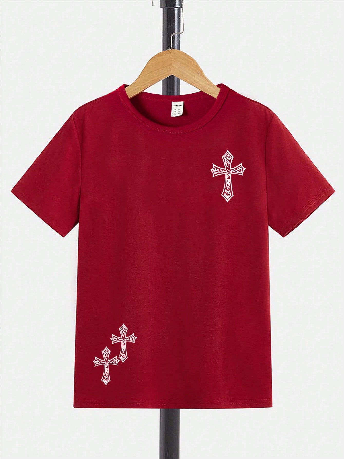 1 Piece Of Fashionable Cross Pattern Printed Basic Round Neck Short-Sleeved T-Shirt For Tween Boys