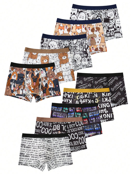 10pcs/Set Cartoon Letter Printed Boxer Briefs For Tween Boys