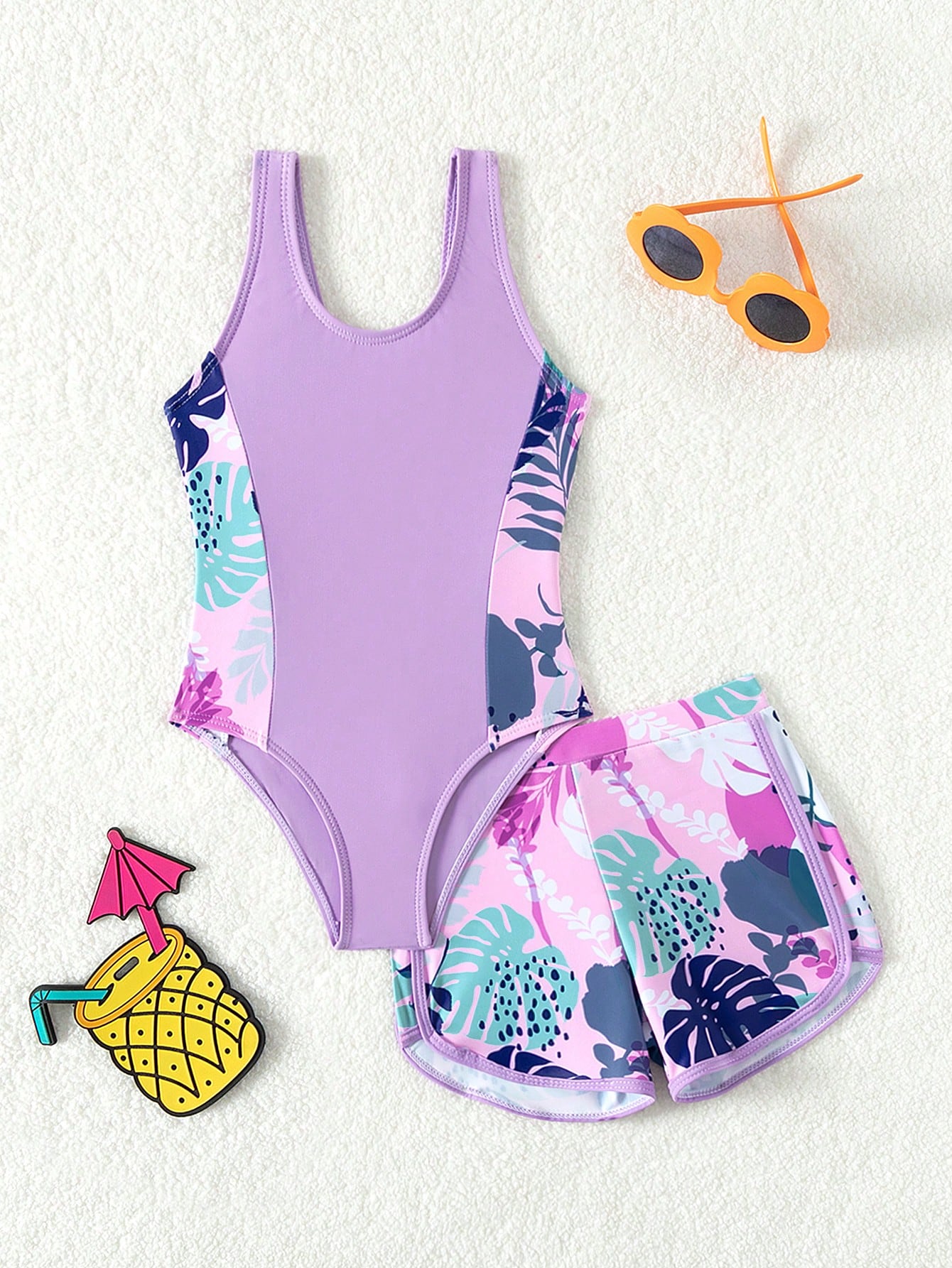 Young Girls' Tropical Print One-Piece Swimsuit With Swimming Trunks 2pcs/Set