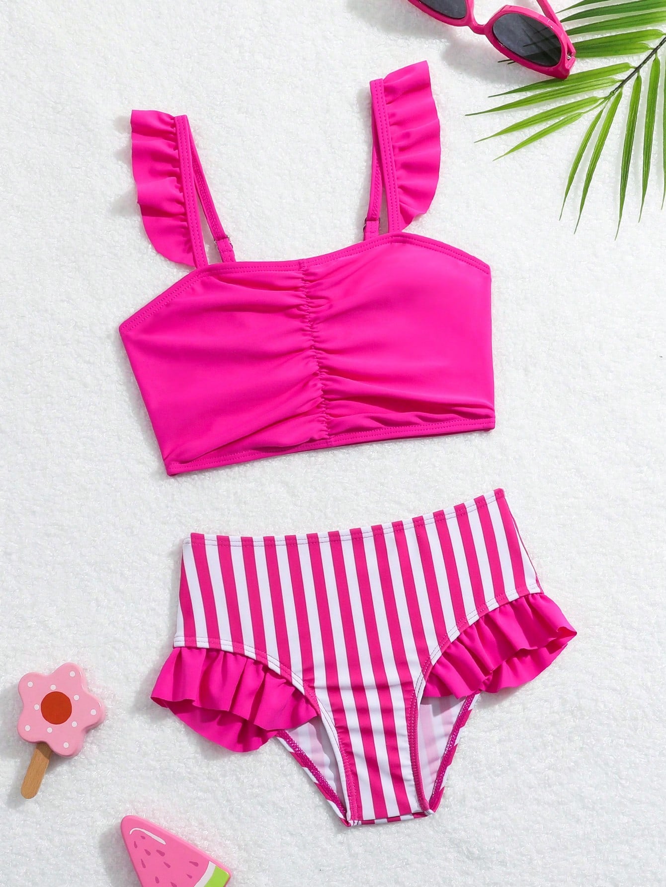 Young Girl Solid Color Ruched Bikini Set Top And Striped Triangle Bottom Bikini Set Summer Beach