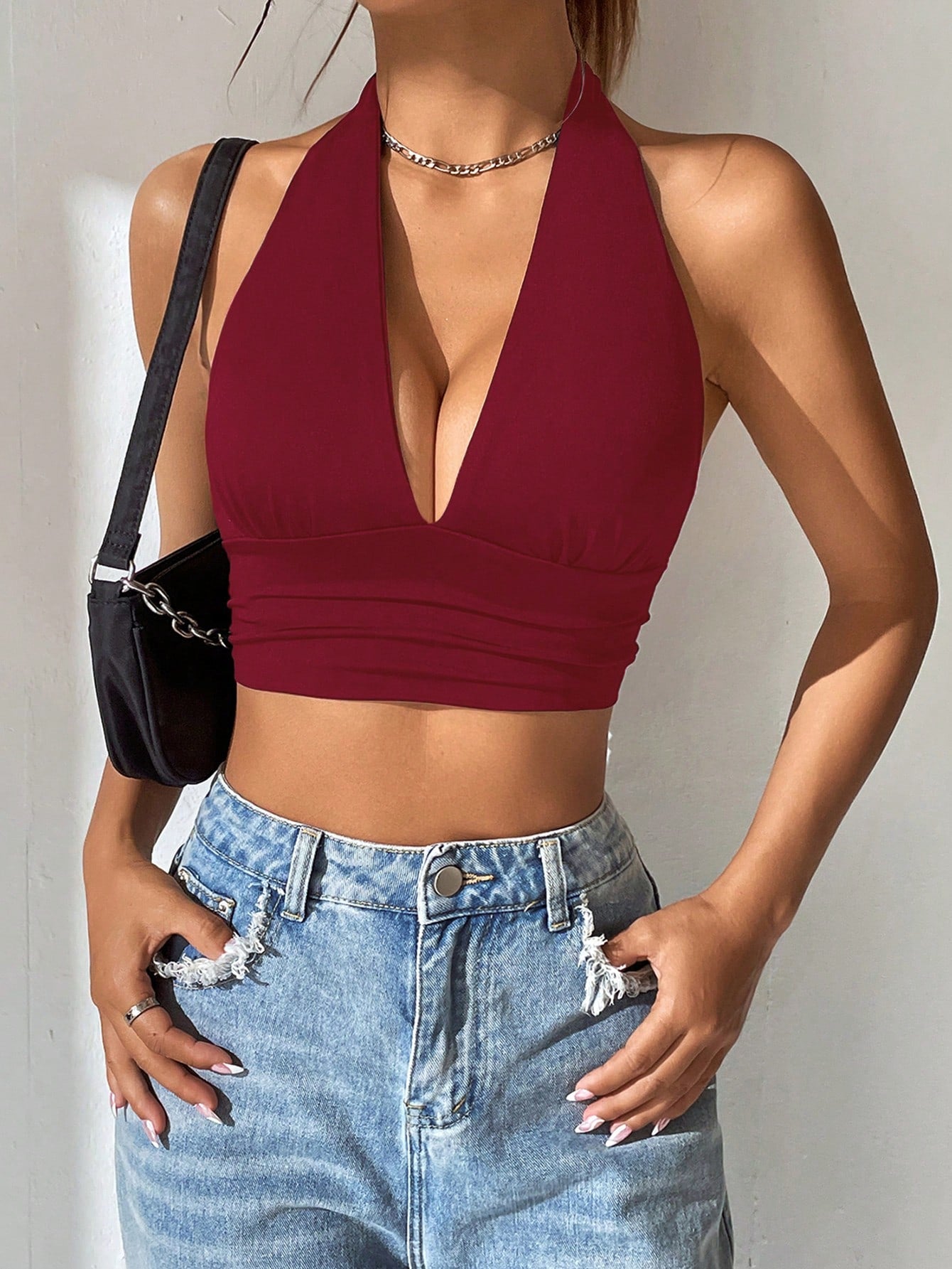 Summer Solid Backless Crop Halter Top