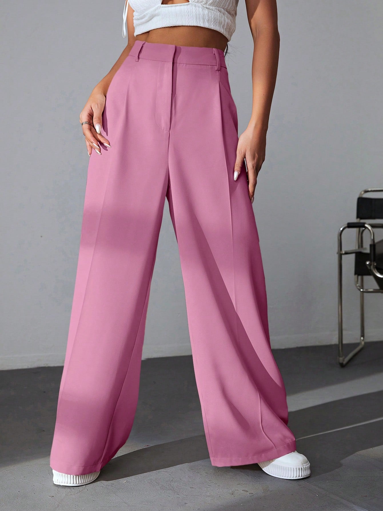 Solid Wide Leg Dress Pants