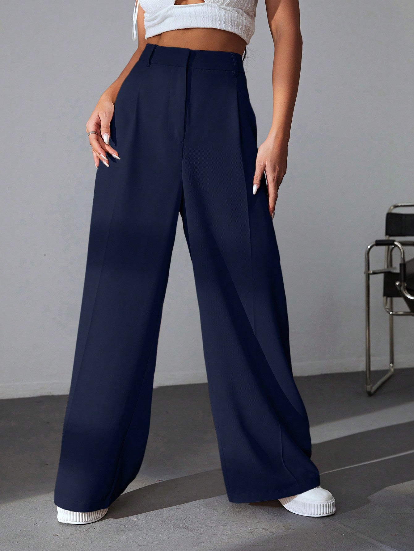 Solid Wide Leg Dress Pants