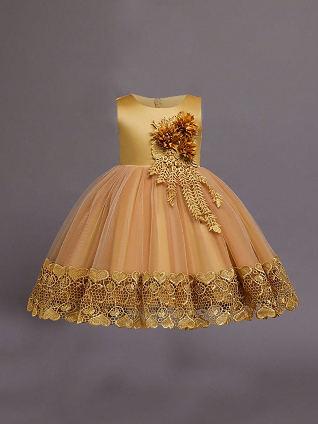 Young Girl Solid Color Sleeveless Round Collar Dress With 3d Flower Decoration And Tulle Spliced Puffy Skirt, Elegant Dress For Party