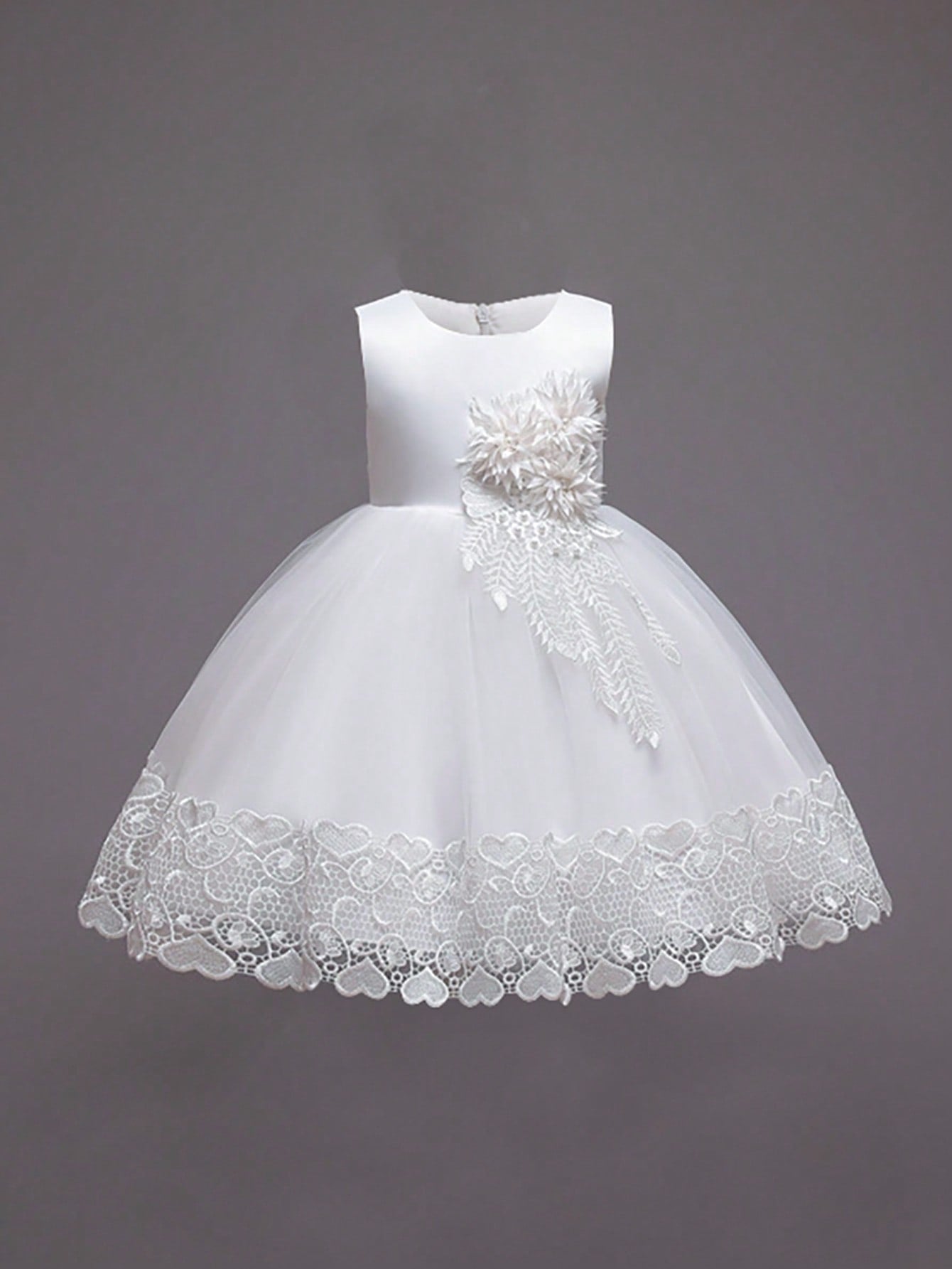 Young Girl Solid Color Sleeveless Round Collar Dress With 3d Flower Decoration And Tulle Spliced Puffy Skirt, Elegant Dress For Party