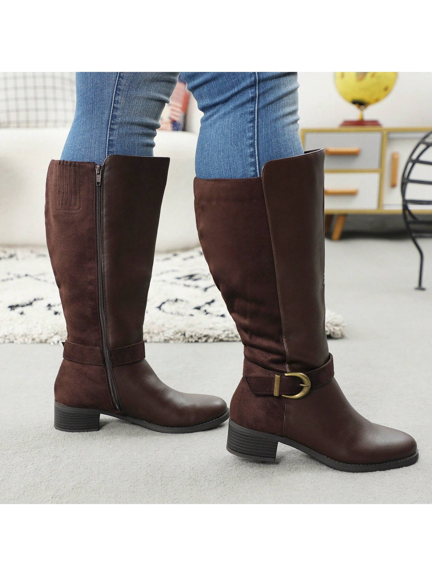 Spring Women's Extra Wide Calf Pull On Side Zipper Knee High Boots Wedding Party Shoes