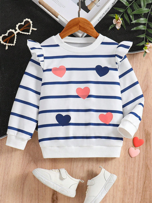 Young Girl Heart Printed Round Neck Knitted Sweatshirt With Ruffle Trimmed Long Sleeve