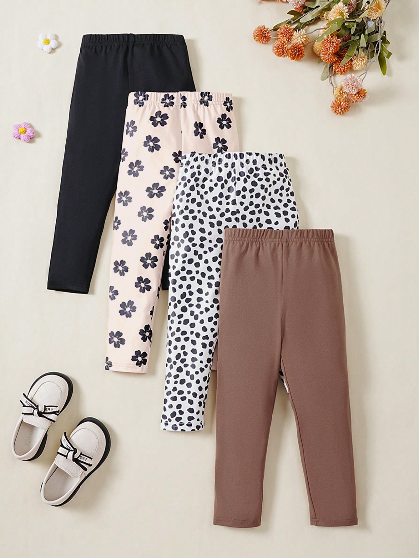 Young Girl Knitted Flower-Patterned Leggings & Solid Color Full Length Leggings Combination Set (4pcs)