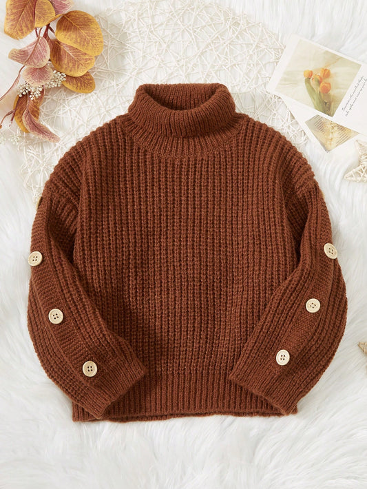 Girls' Solid Color High-Necked Sweater With Button Details