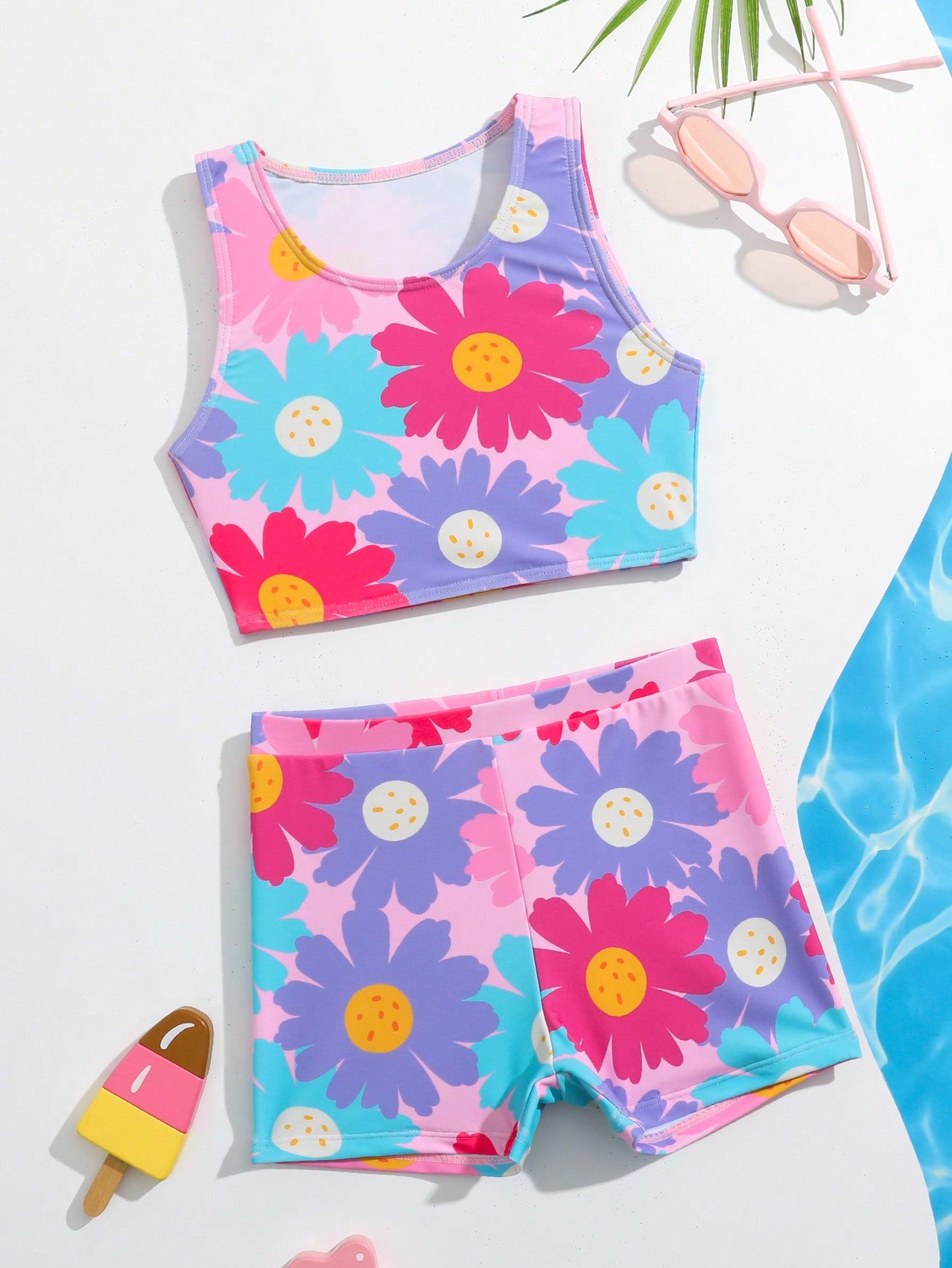 Young Girl Floral Print Sleeveless Bikini Set