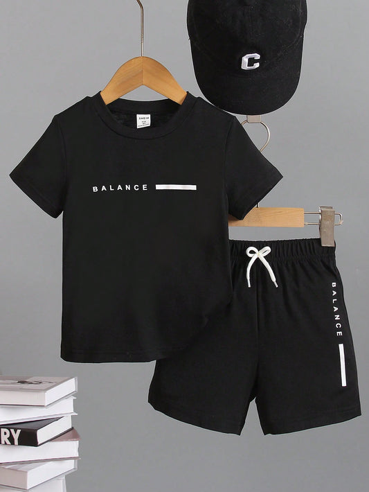 Kids 2pcs Young Boy's Casual Letter Printed Short Sleeve T-Shirt And Shorts, Suitable For Summer,  And School Occasions