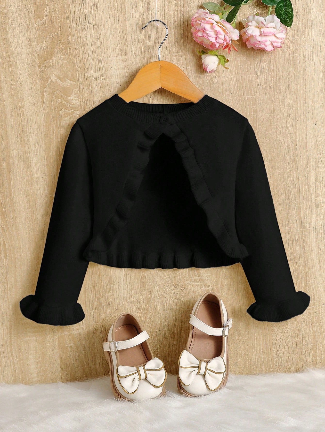 Little Girls' Elegant Slim-Fit Crop Cardigan Sweater With Button-Down Round Neck, Autumn/Winter