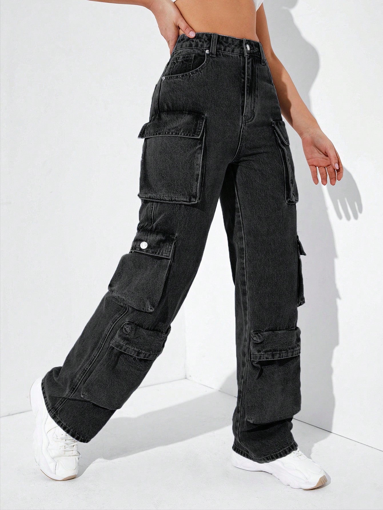 Straight Leg Denim Cargo Pants