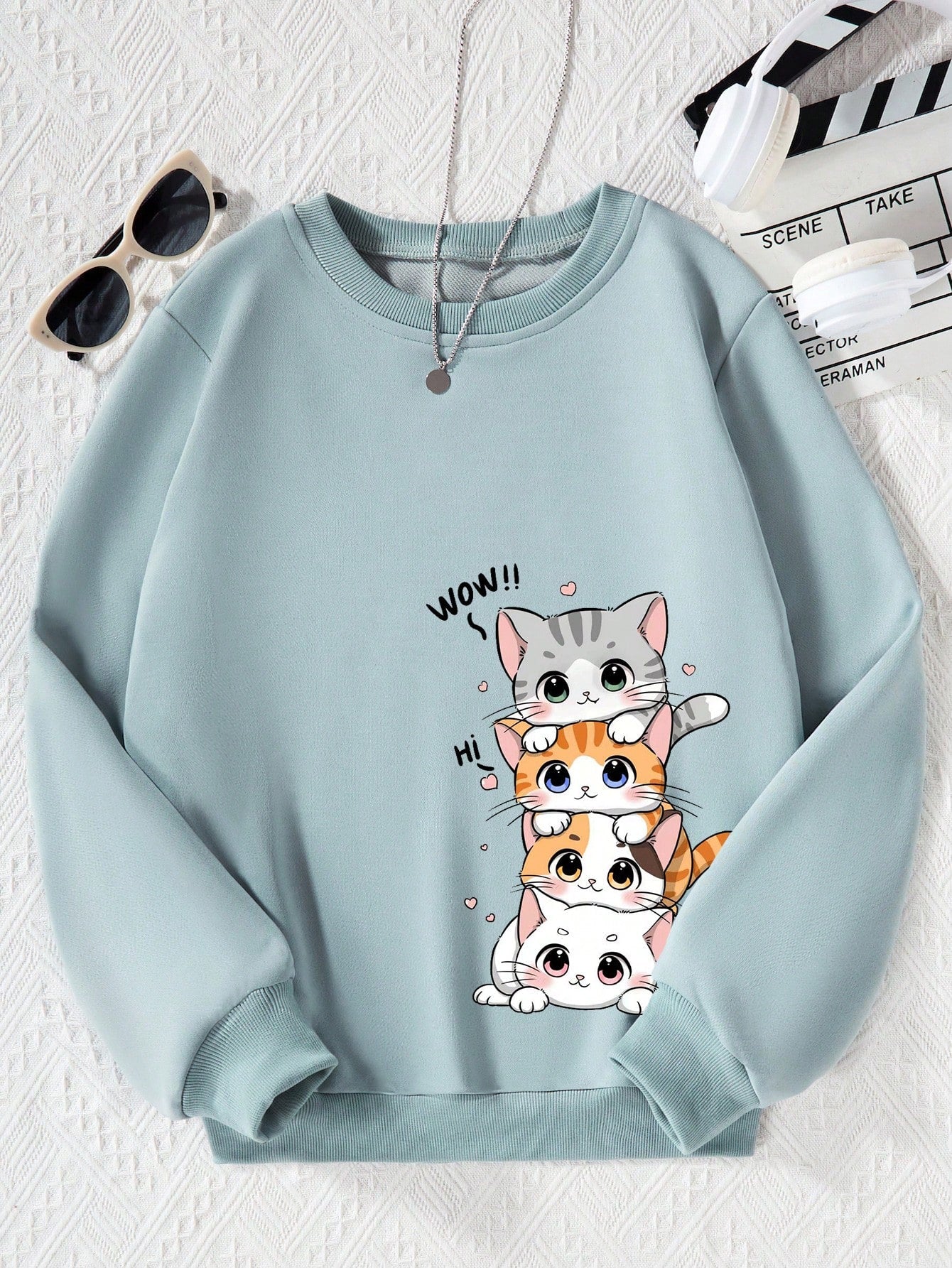 Tween Girls' Cartoon Printed Round Neck Sweatshirt