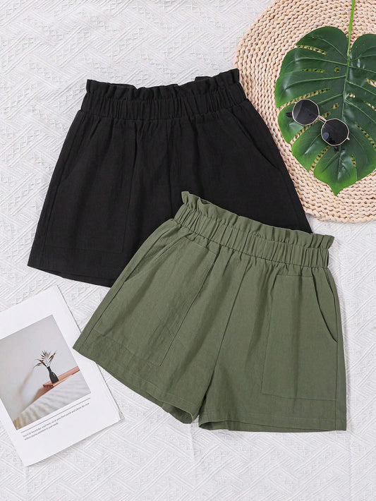 Tween Girl 2pcs Plain Woven Straight Shorts For Spring/Summer Vacation And Leisure