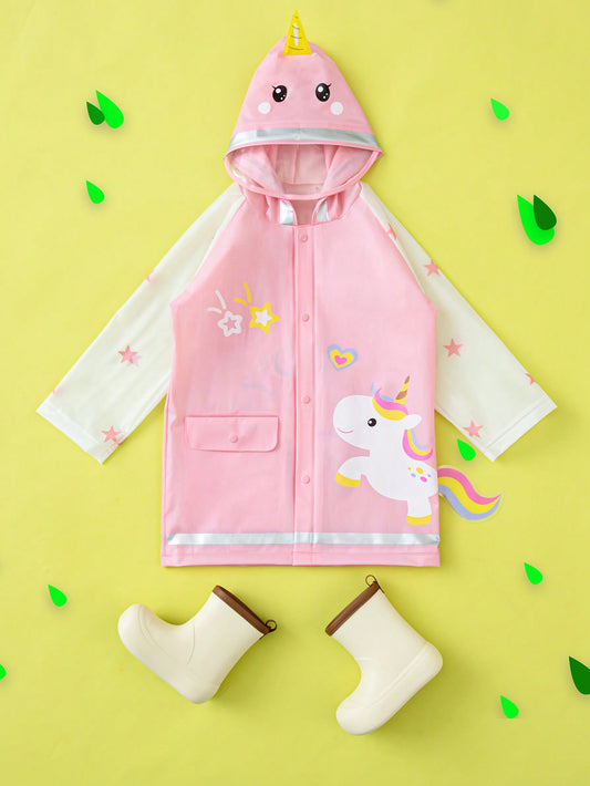 Cute Girl's Pink Spliced Unicorn Print Three-dimensional Tail And Unicorn Shape All-season Raincoat