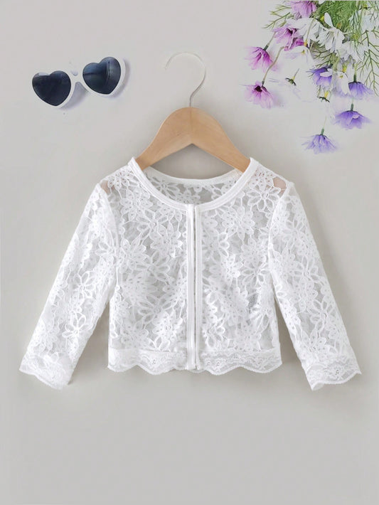 Young Girl Flower Design Elegant Lace Edge Round Neck Jacket For Wedding