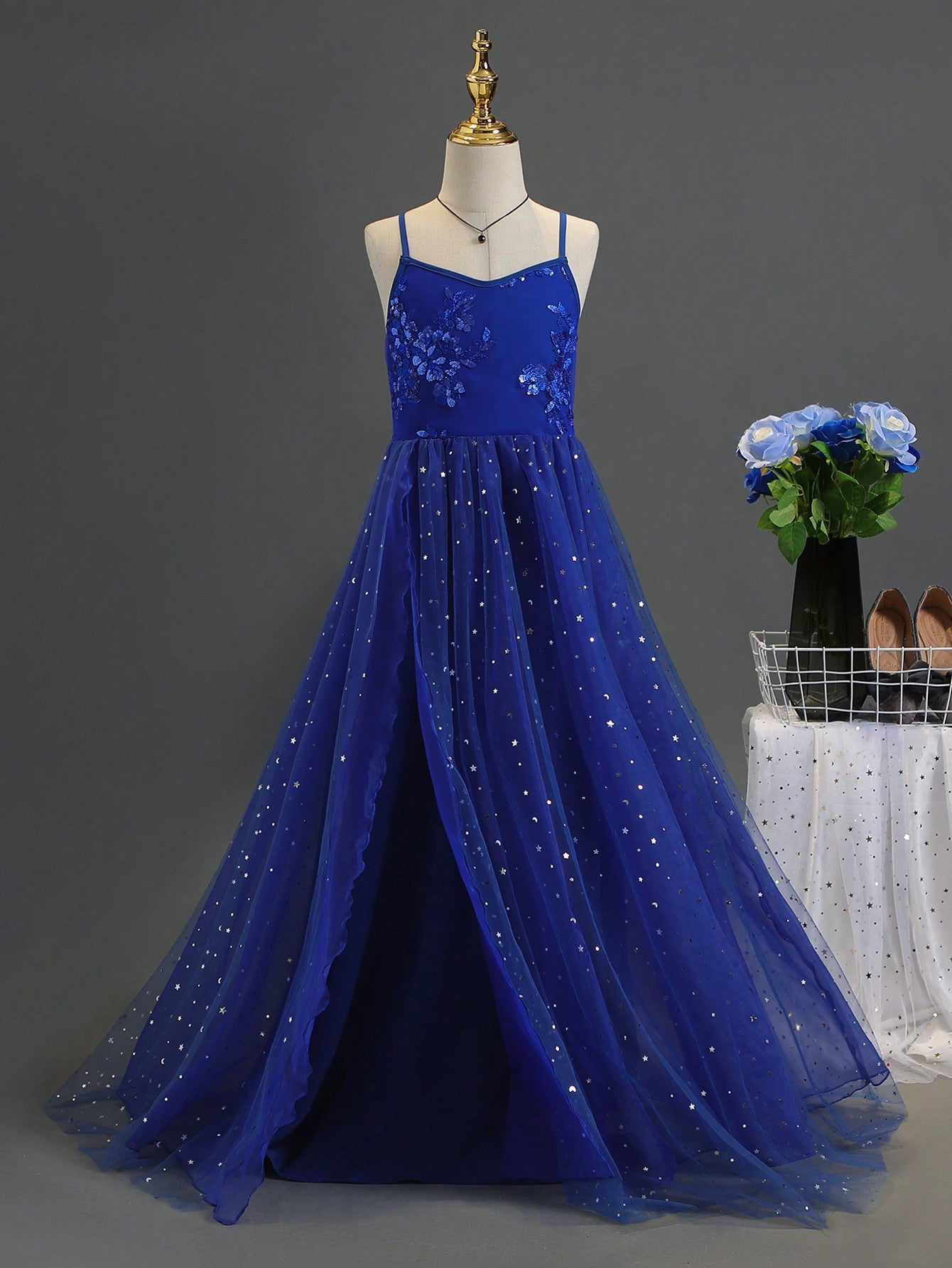 Tween Girls' Dress With Spaghetti Straps, Beading, Embroidery And Slit, Suitable For Performances, Weddings, Parties, Birthdays, Etc.