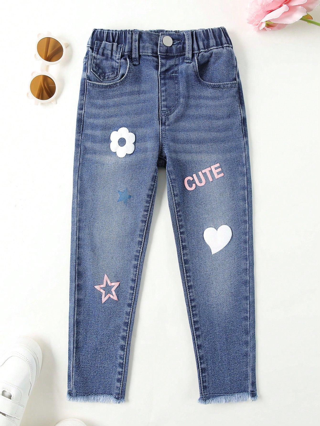 Young Girl Letter Heart Print Elastic Waist Jeans