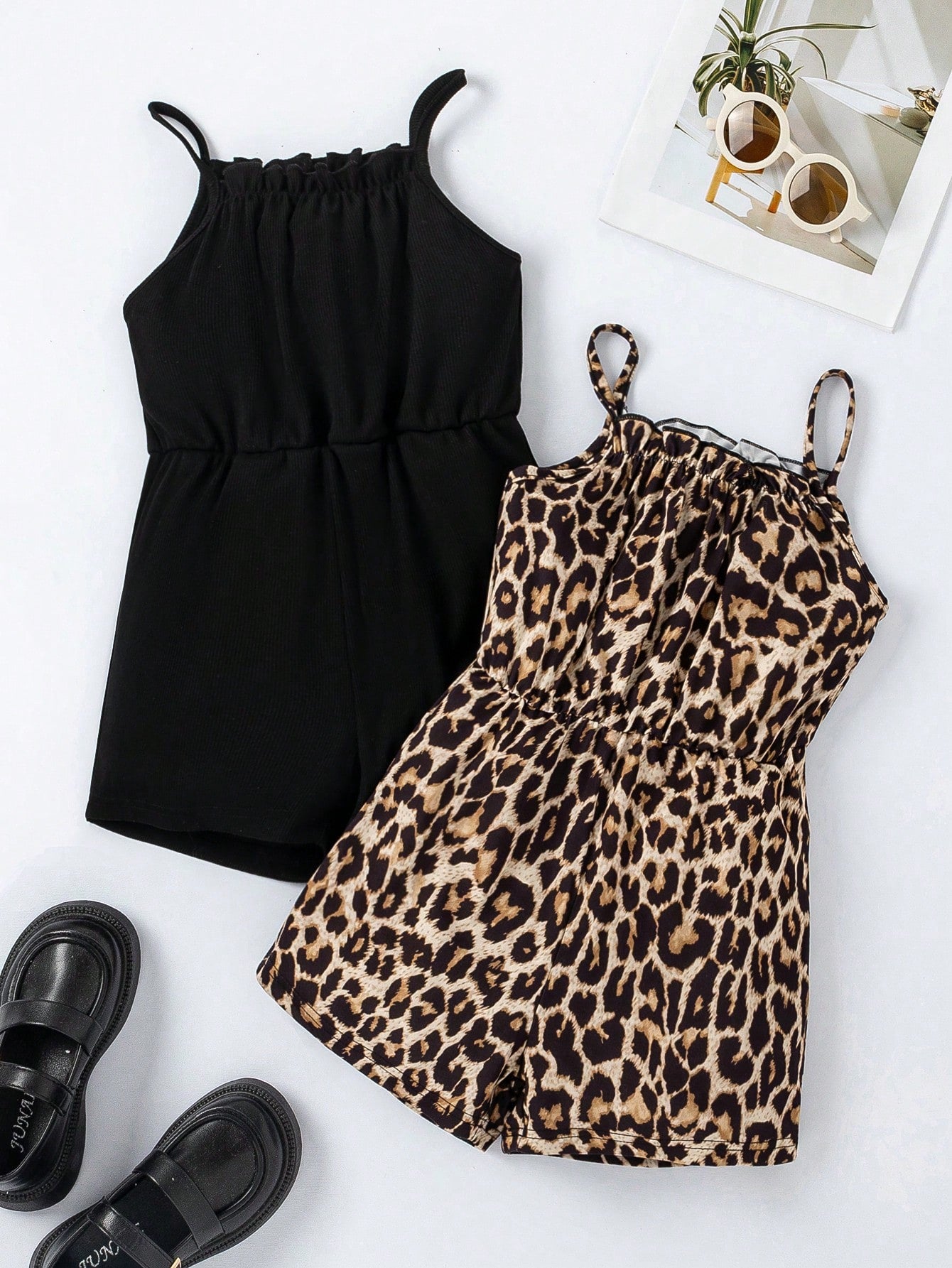 Young Girl Leopard Print Elastic Waistband Romper With Adjustable Straps