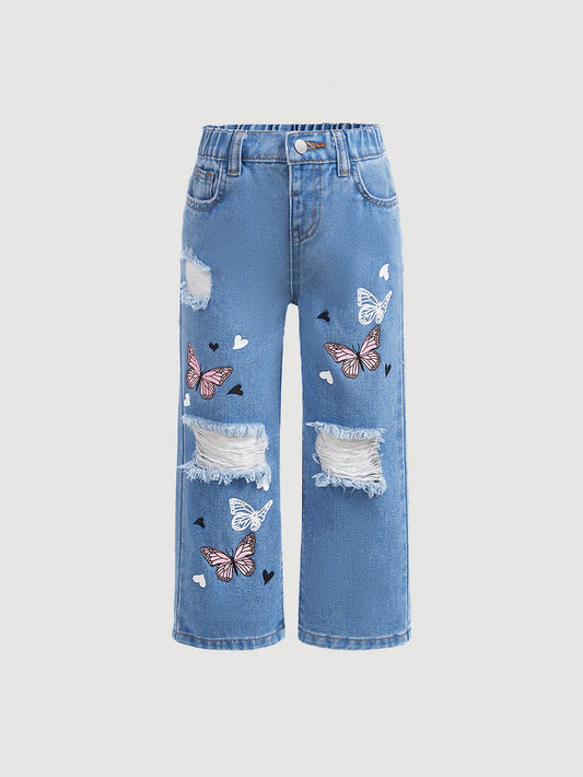 Young Girl Elastic Waist Butterfly Pattern Ripped Jeans