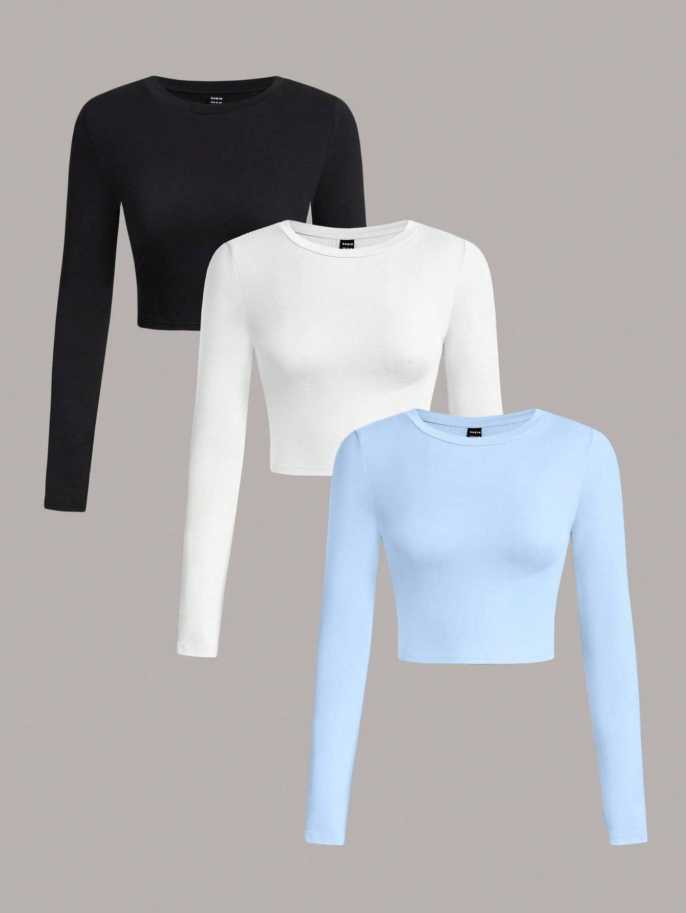 3pcs/Set Women's Casual Simple Crew Neck Long Sleeve Cropped Fitted T-Shirts, Suitable For Spring & Autumn