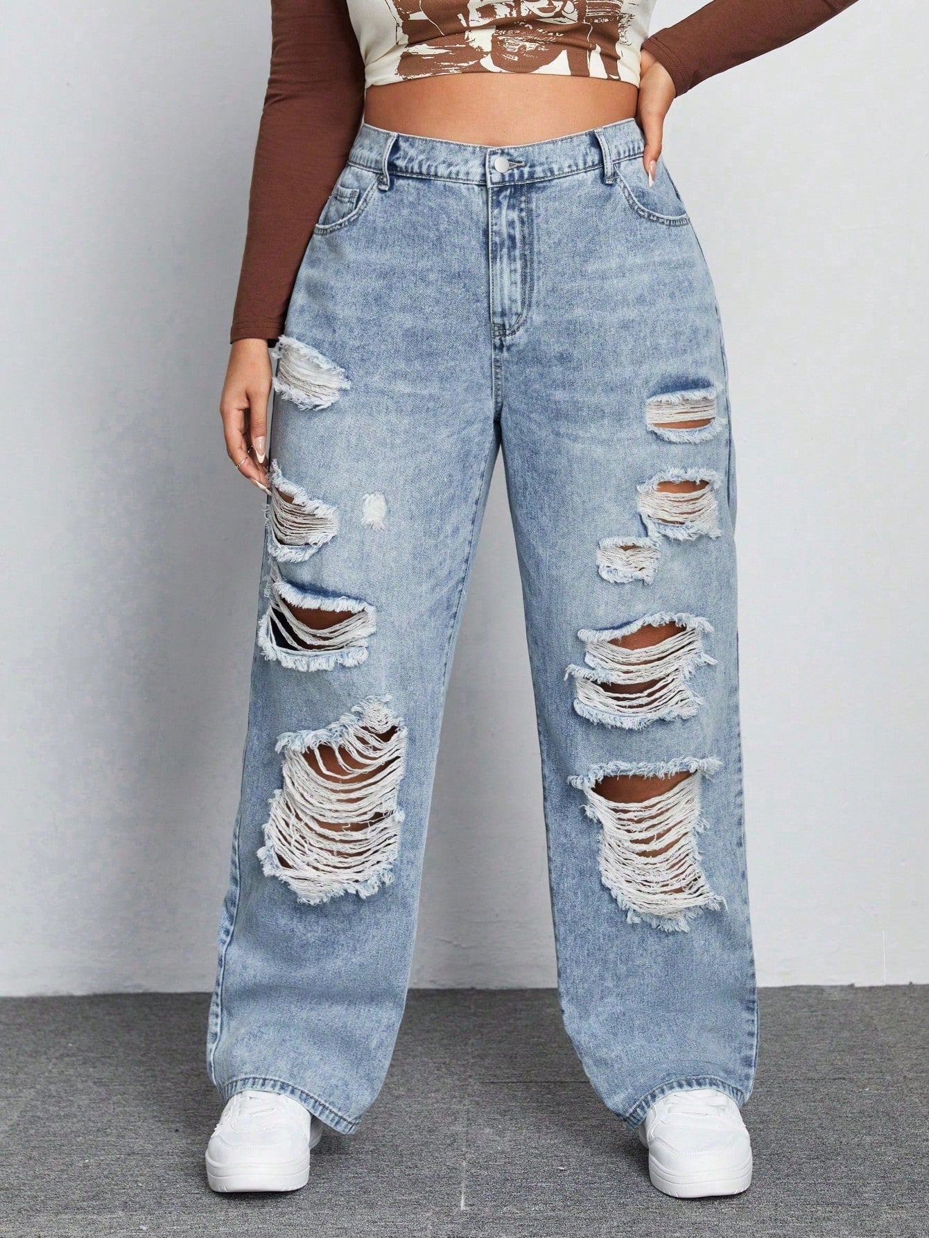 Plus High Waist Ripped Wide Leg Jeans