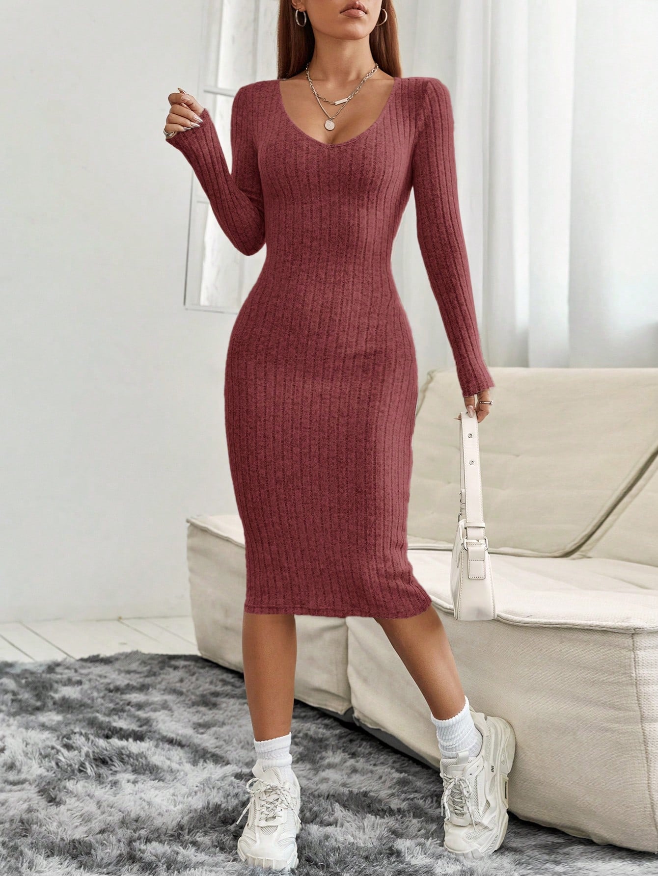 Solid Ribbed Knit Bodycon Spring Women Dress