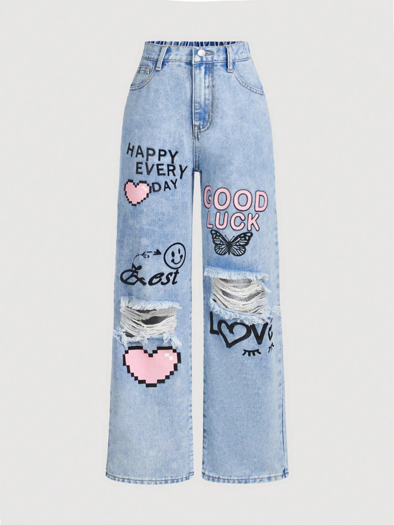 New Arrival Tween Girls' Light Blue Y2K Heart Letter Printed Ripped Snowflake Denim Pants