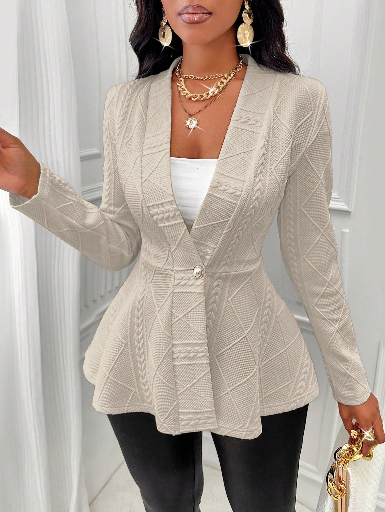 Solid Color Textured Single Button Jacket