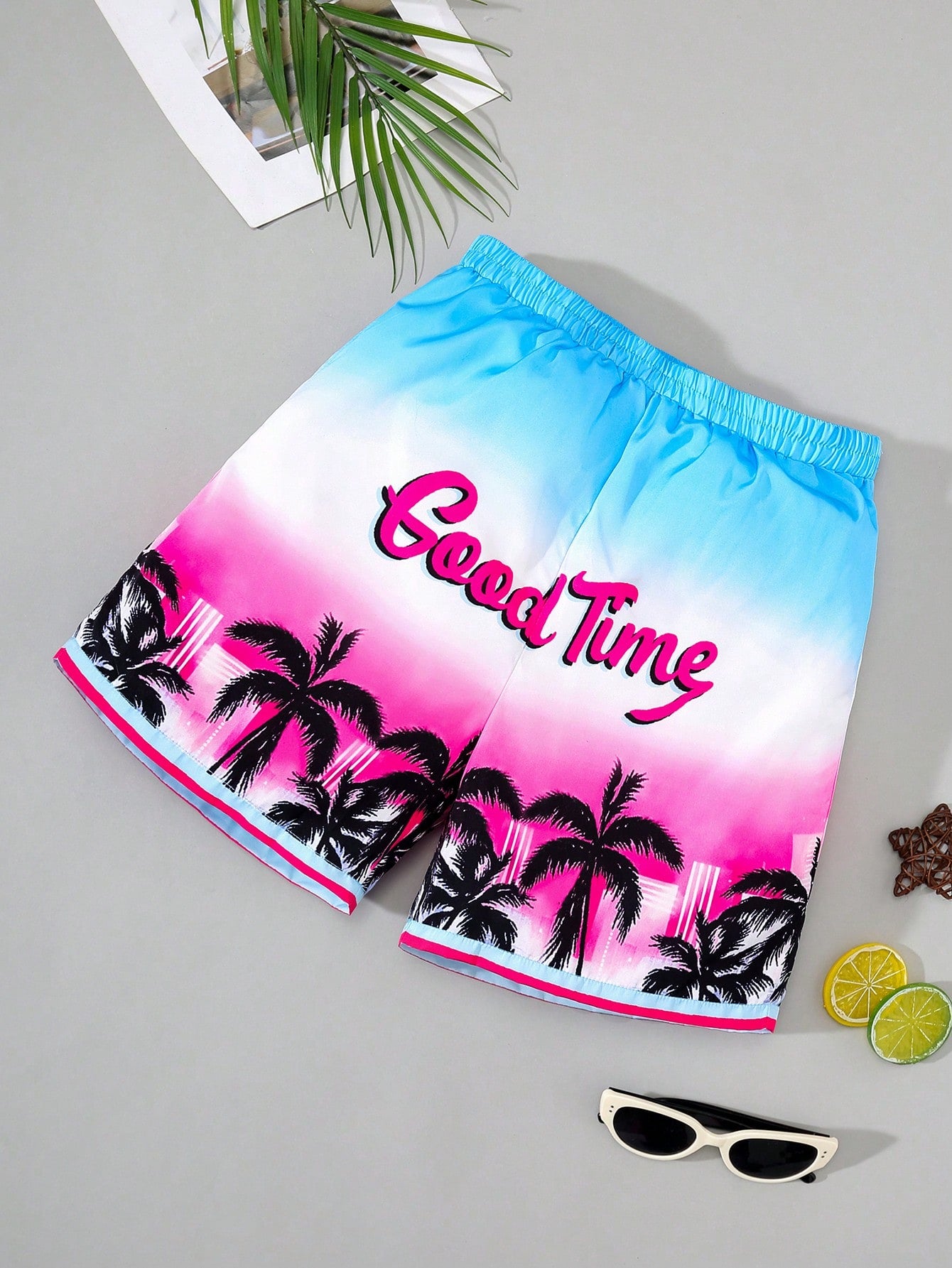 Tween Boys' Casual Coconut Tree Ombre Pattern Woven Loose Fit Swim Trunks