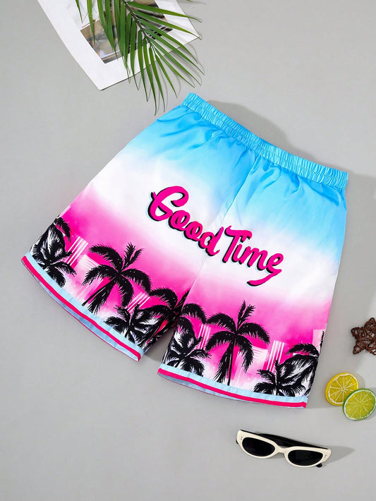 Tween Boys' Casual Coconut Tree Ombre Pattern Woven Loose Fit Swim Trunks