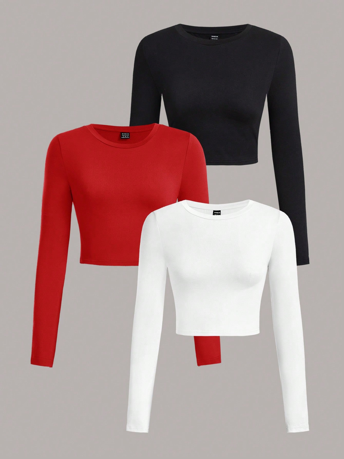 3pcs/Set Women's Casual Simple Crew Neck Long Sleeve Cropped Fitted T-Shirts, Suitable For Spring & Autumn