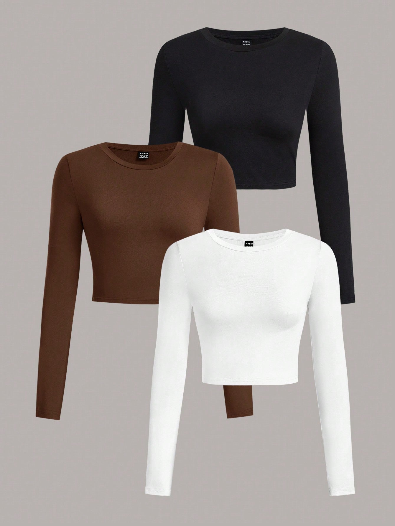 3pcs/Set Women's Casual Simple Crew Neck Long Sleeve Cropped Fitted T-Shirts, Suitable For Spring & Autumn