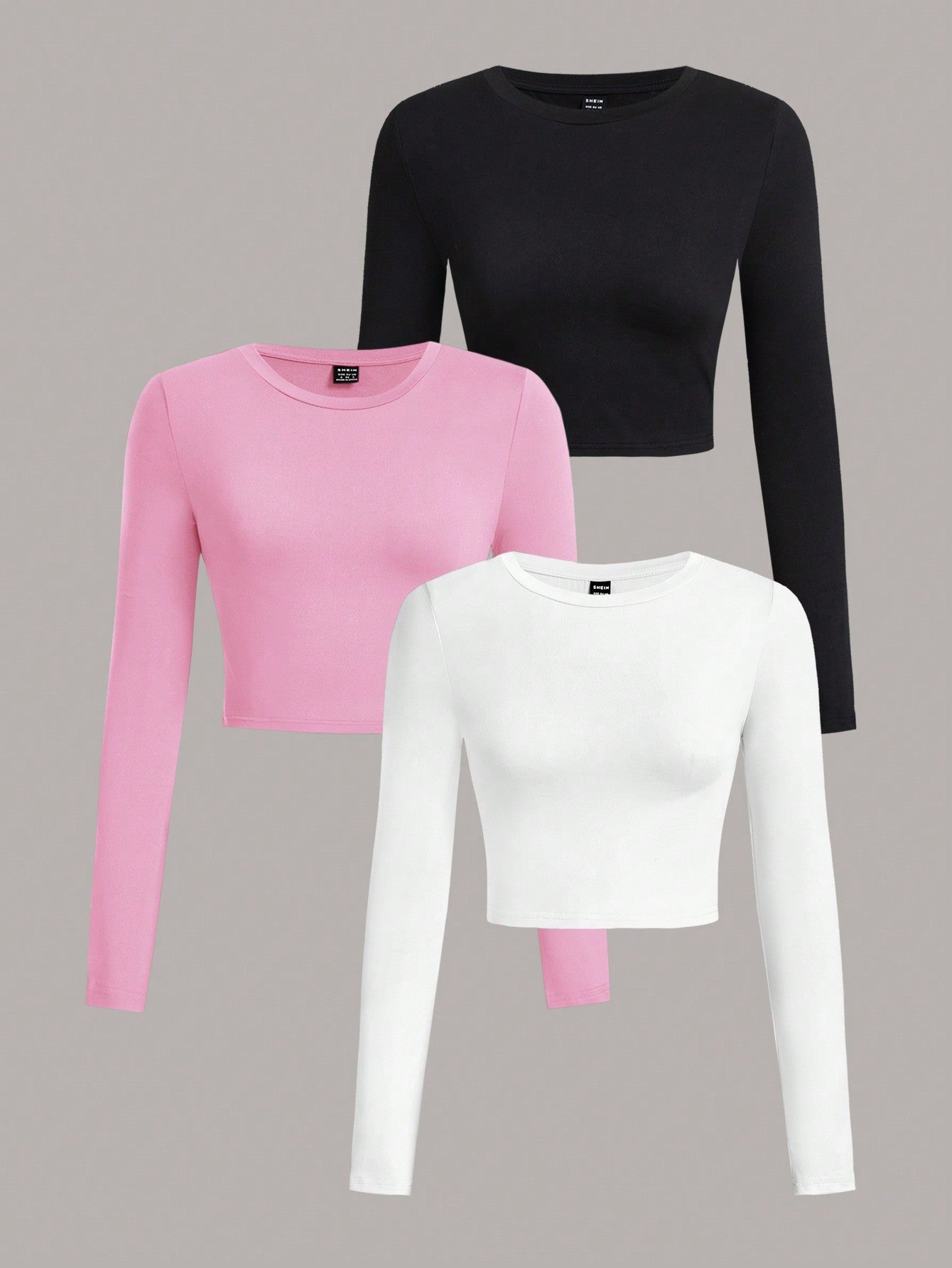 3pcs/Set Women's Casual Simple Crew Neck Long Sleeve Cropped Fitted T-Shirts, Suitable For Spring & Autumn