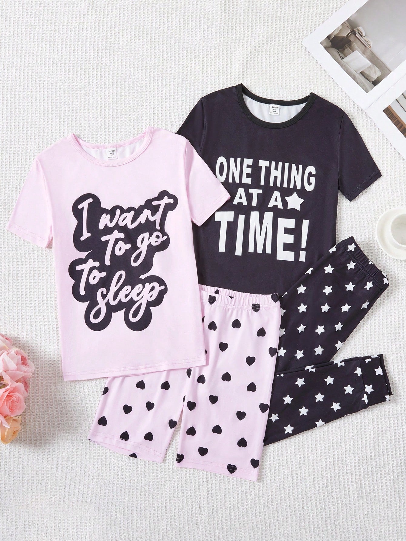 Tween Girls' Simple Letter Printed Shorts & Short Sleeve T-Shirt & Pants 2pcs/Set Snug Fit Home Wear Outfits