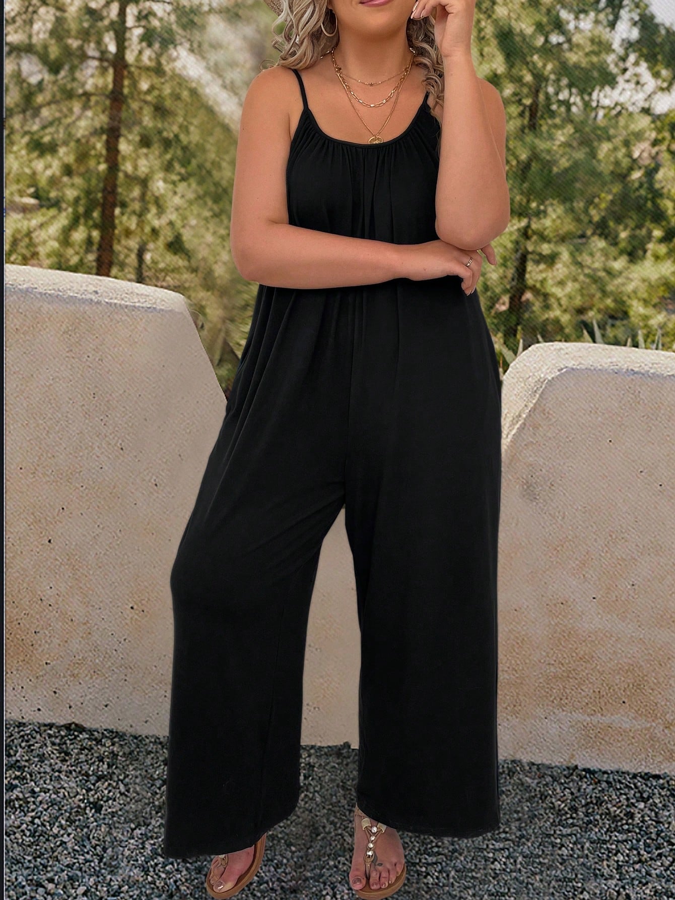 Plus Solid Slant Pocket Cami Jumpsuit