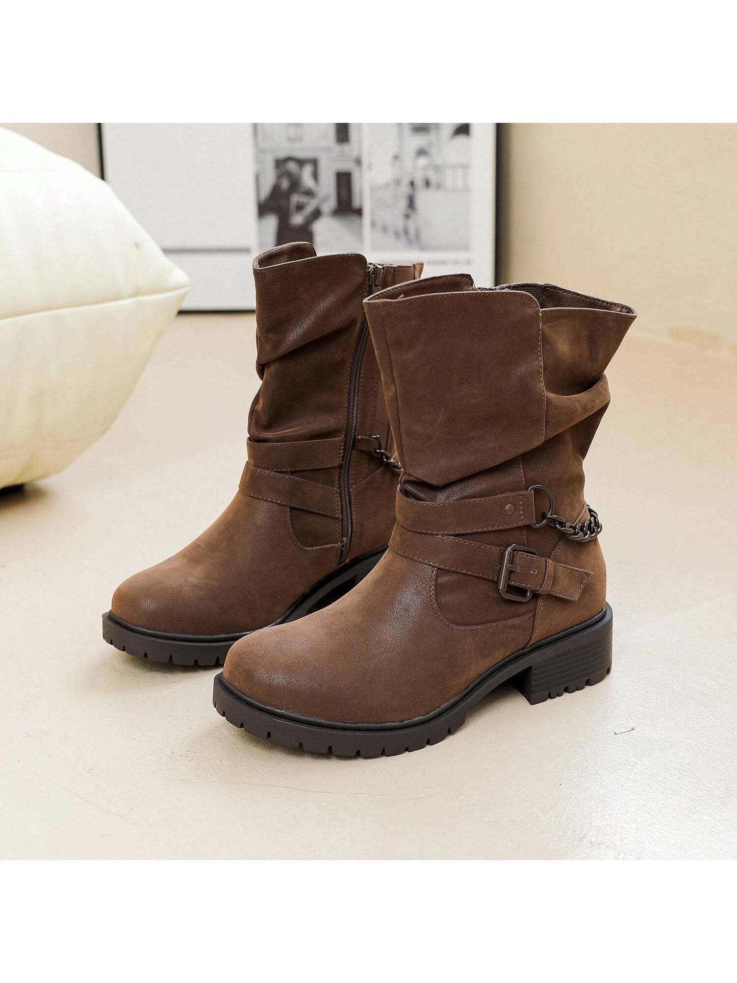 Women's Wide Width Combat Boots - Extra Wide Width Low Heel Side Zipper Slouchy Ankle Boots Short Booties.