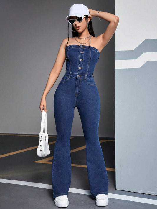 Women's Slim Fit Strapless Denim Jumpsuit