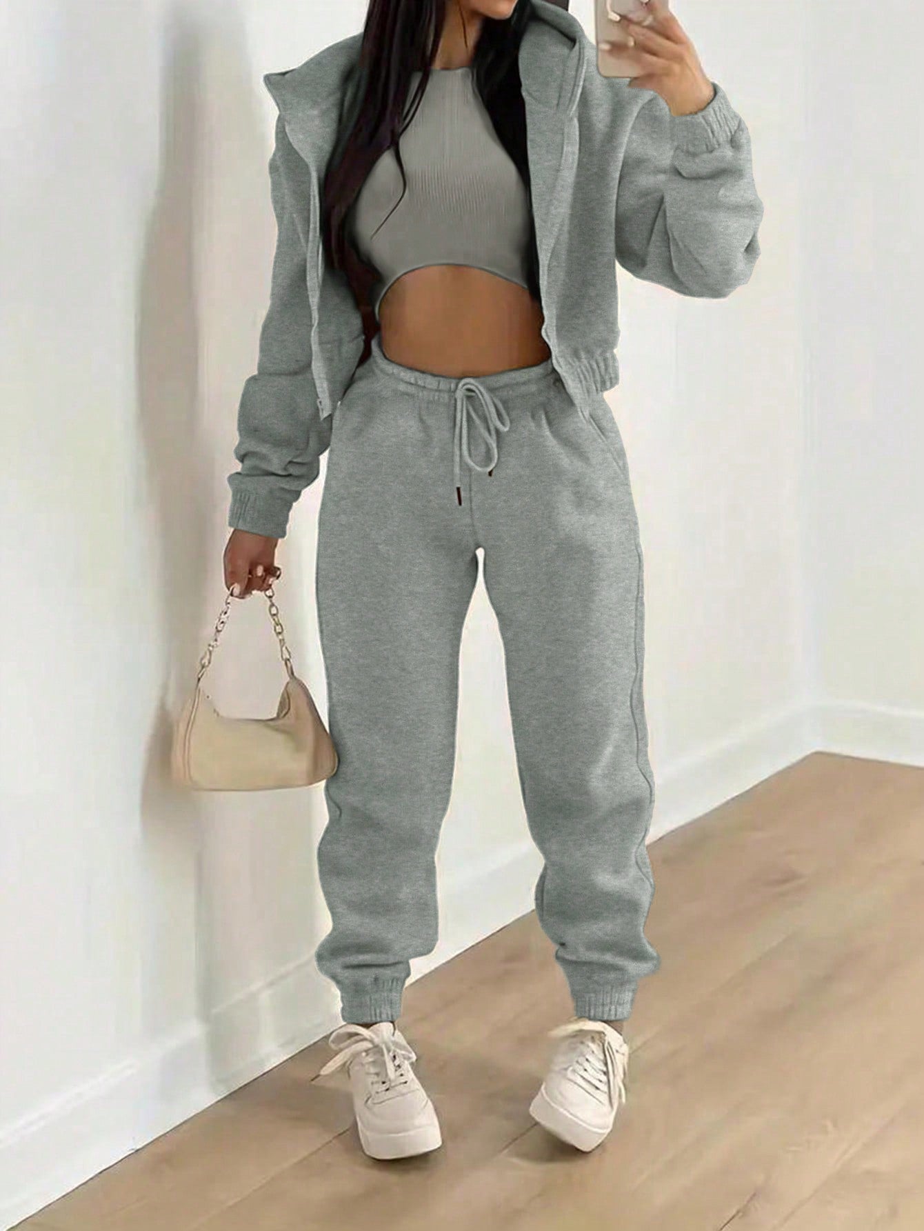 3 Piece Solid Color Hooded Short Sweatshirt And Sweatpants Vest Set