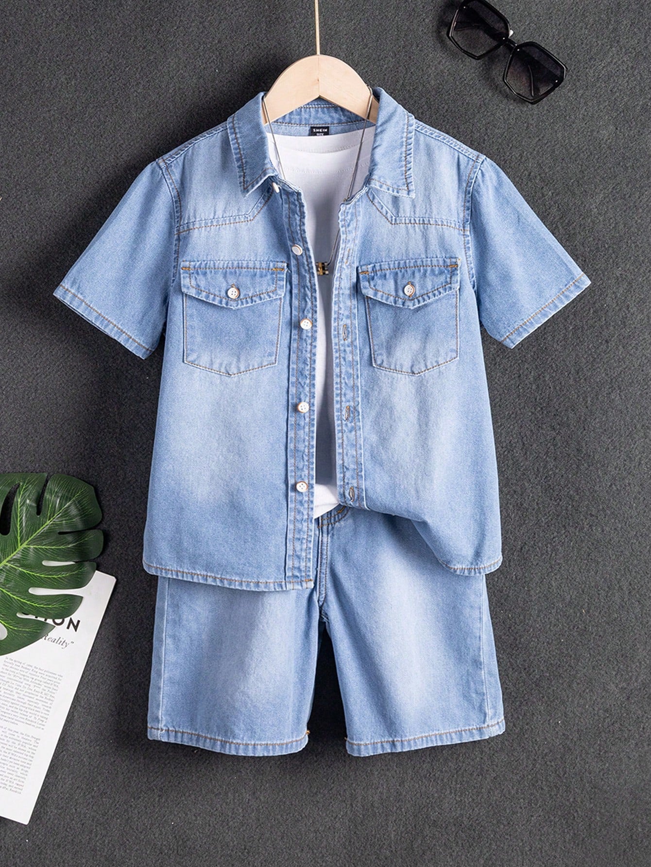 New Arrival Tween Boys' Casual Fashion Short Sleeve Denim Shirt And Shorts Set, Washed Style